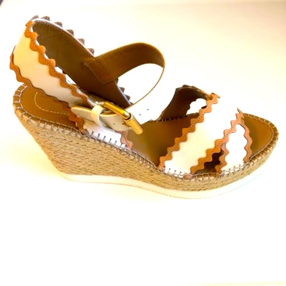 New SEE by CHLOE' Glyn Scalloped Leather Espadrille Wedge Sandal 11 MSRP $350 - Picture 2 of 9